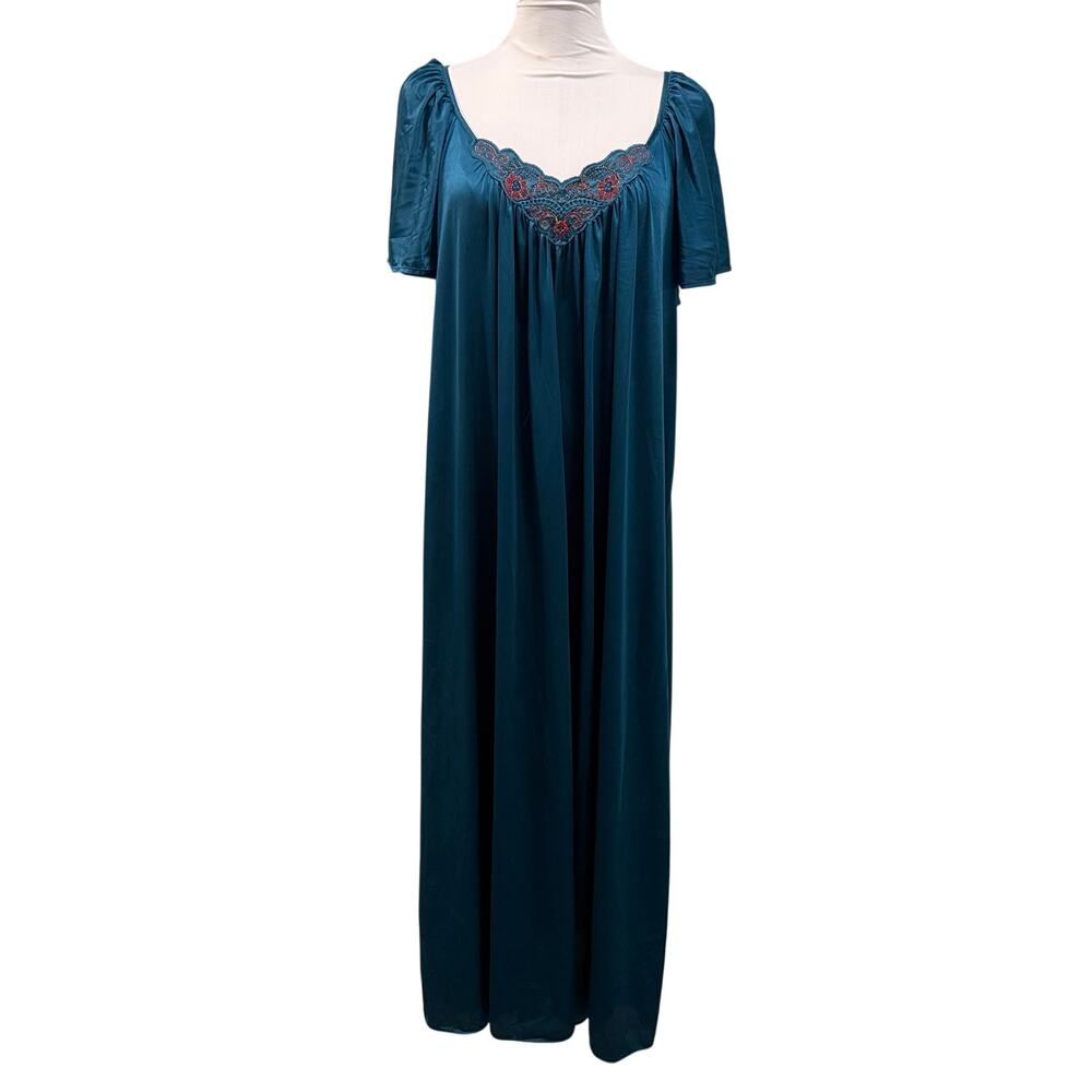 Vintage Vanity Fair Teal Blue Short Sleeve Maxi Nightgown  Large Embroidered 90s